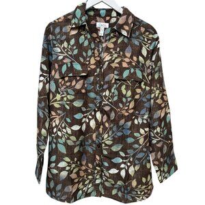Denim & Co. Womens Top Medium Brown Leaf Print Button Up Shirt Long Sleeve NWOT